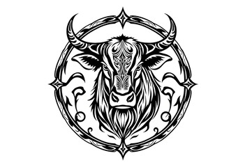 Fototapeta premium Ornate Bull Head Tribal Tattoo Design Black and White Vector Illustration