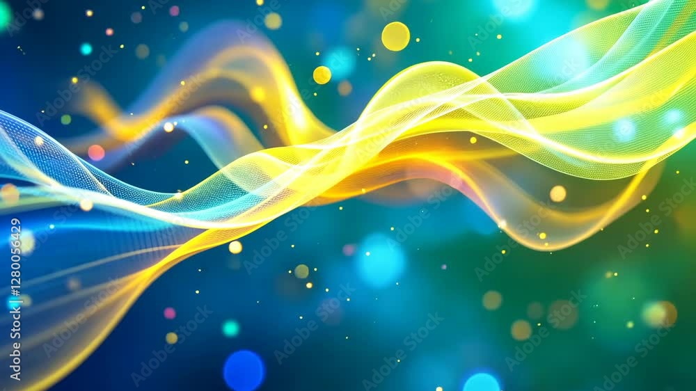 Poster vibrant wave of colorful light particles and abstract motion on a dynamic blue background