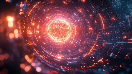 Obraz premium A cyber brain surrounded by radiant, holographic quantum rings, glowing circuits pulsating with vivid light, cosmic particles swirling dynamically, soft luminous fog creating depth,