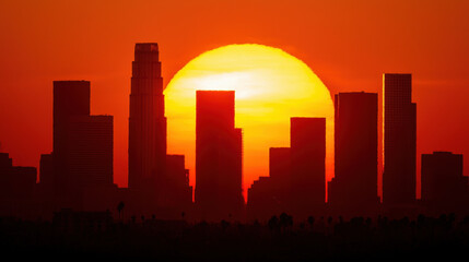Fototapeta premium Environmental crisis. Silhouette of a city skyline against a vibrant sunset backdrop.