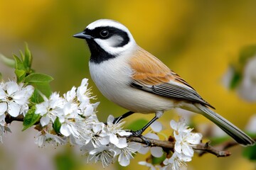 A beautifully detailed bird perched on a blooming branch.