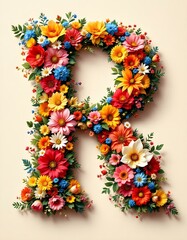 letter, R, floral, flowers, vibrant, colorful, artistic, elegant, design, organic, natural, red, yellow, pink, blue, white, blooms, green, leaves, accents, beige, background, soft, texture, warm,