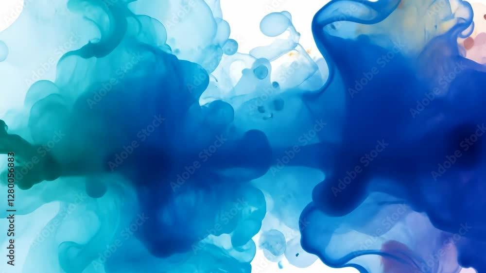 Poster swirling blue and turquoise ink creating mesmerizing patterns in liquid form