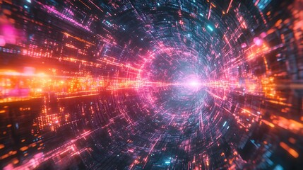 Fototapeta premium A cyber brain’s glowing quantum computing circuits, intricate pathways illuminated by pulsating light, surrounded by swirling energy trails and holographic grids,