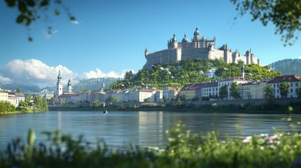 Obraz premium Panoramic view of the city and its castle on top, Salzach River flowing through it, beautiful summer day, blue sky, photorealistic, high-resolution photography, professional color grading, soft shadow