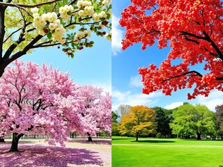 Naklejka premium Cherry trees in Hurd Park showcasing the four seasons in Dover, New Jersey, seasons, four seasons, spring