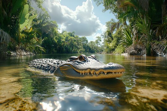 Crocodile swimming in a lush river surrounded by tropical foliage.