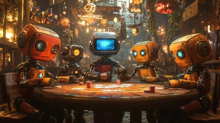 A group of retro-styled robots playing poker in a dimly lit cyberpunk bar, surrounded by glowing neon lights and industrial decor