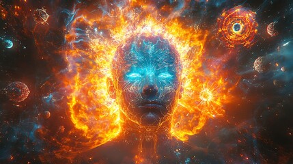 A cybernetic brain glowing with neural circuits, dynamically interacting with quantum particles emitting pulsating energy waves, surrounded by holographic patterns and cosmic particles,