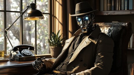 Fototapeta premium A robotic detective wearing a trench coat and fedora sitting in a noir-style office, illuminated by vintage lighting with a rotary phone on the desk