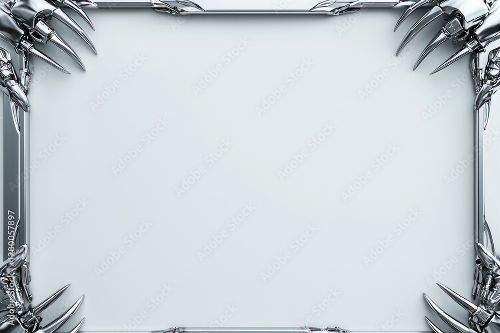 Poster clean matte background sets off a modern platinum frame bordered by robotic claws in 3d.