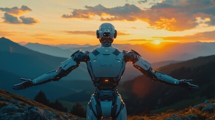 Back view of a humanoid robot standing on a mountaintop at sunset, arms wide open, overlooking a vast landscape
