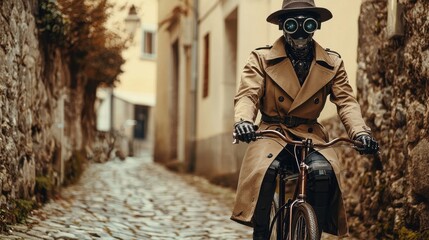 Naklejka premium A humanoid robot dressed in a trench coat cycling through a narrow cobblestone alley in a vintage European-style town