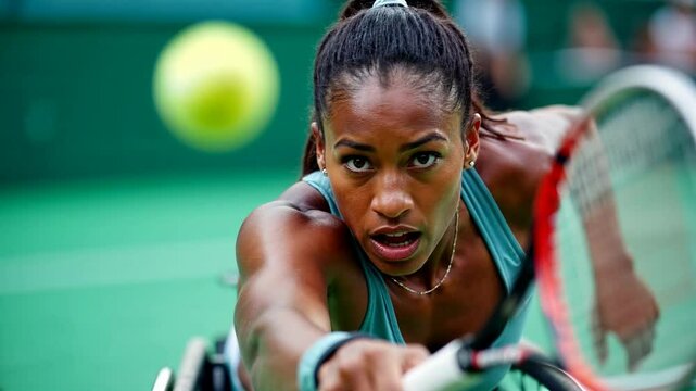 Slow motion scene, close-up of professional African female wheelchair tennis player is about to do a backhand stroke, leaning forward and making effort to hit the ball with her racket in intense match