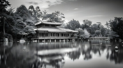 Monochrome Serenity, Reflections of a Traditional Japanese Building in a Tranquil Pond Setting
