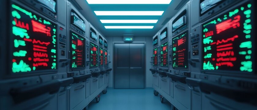 A futuristic data center corridor lined with high-tech servers displaying vibrant green and red screens, illuminated by cool blue lighting. - Powered by Adobe