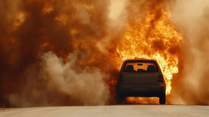 Obraz premium Environmental crisis. Car engulfed in flames with thick smoke billowing around it.