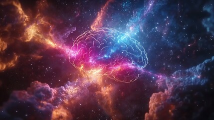 A cybernetic brain with pulsating circuits, glowing neural pathways merging into vibrant quantum waves, surrounded by a luminous cosmic field of swirling particles, cinematic lighting creating depth,