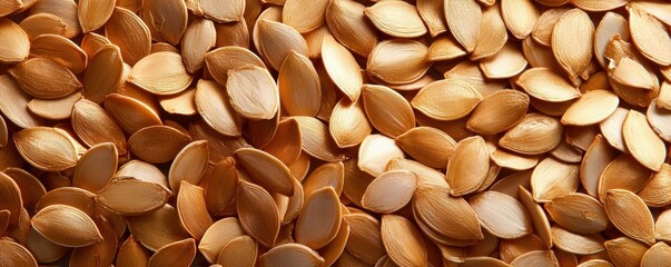 A close-up view of numerous light brown pumpkin seeds scattered densely over a surface, showcasing their smooth texture and natural shape.