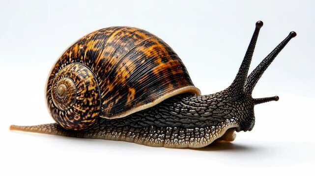 Snail with unique shell pattern rests on a smooth surface in a bright environment