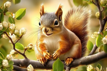 Fototapeta premium A charming squirrel perched on a blossom-filled branch in spring.