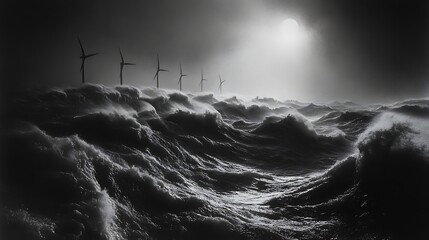 Stormy Sea, Wind Turbines, Dramatic Light, Coastal Scene