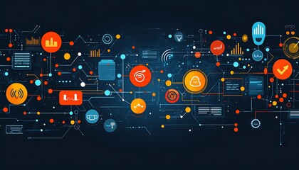 Connected digital network graphic, abstract system, showing data flow