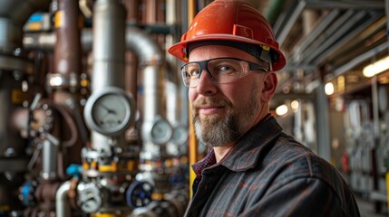 A professional in safety glasses and a hard hat poses in a manufacturing plant, showcasing a robust environment filled with pipes, gauges, and machinery indicating active operations.