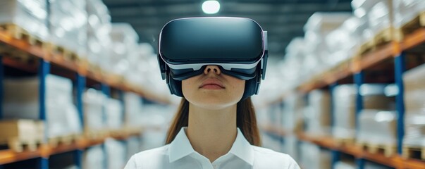 Inventory Management Concepts. Woman using VR headset in a warehouse setting.