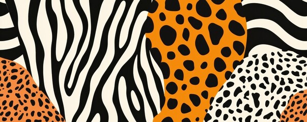 A vibrant pattern featuring animal prints, including zebra stripes and leopard spots, combined in an eye-catching design.