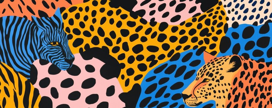 A vibrant artistic representation featuring a blue striped zebra and spotted leopards against a colorful background of abstract patterns.