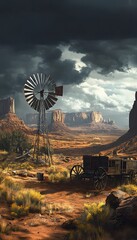 Obraz premium A Dramatic Landscape Featuring a Windmill and a Wagon