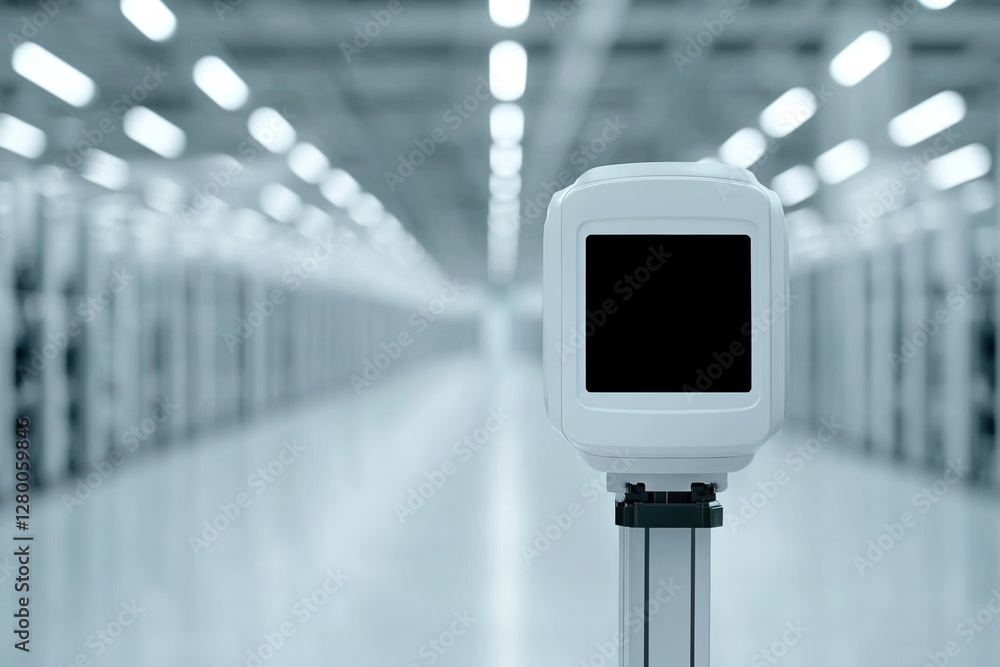 Poster inventory management concepts. modern scanning device in a minimalist warehouse setting.