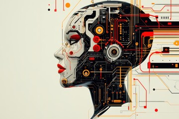 Futuristic robotic profile blending human features with advanced circuitry.