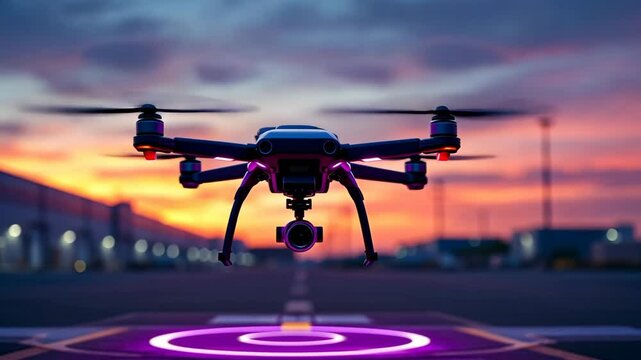 Drone landing at sunset on illuminated helipad in futuristic urban environment