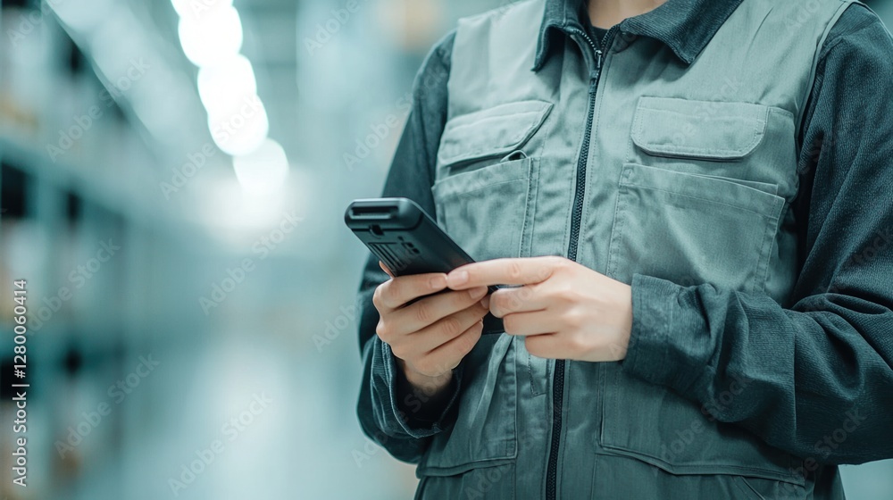 Poster inventory management concepts. warehouse worker using smartphone in a storage facility.
