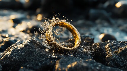 Ocean, ring, splash, rocks, sunset, jewelry, wedding, romantic, proposal, water