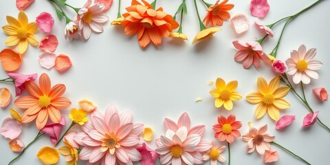 Fototapeta premium Colorful paper flowers in various shapes and sizes scattered on a grey background, floral, handmade, flat lay