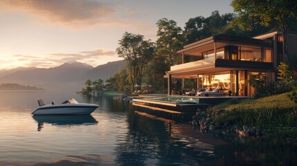 Fototapeta premium Luxurious lake house at sunset with boat.