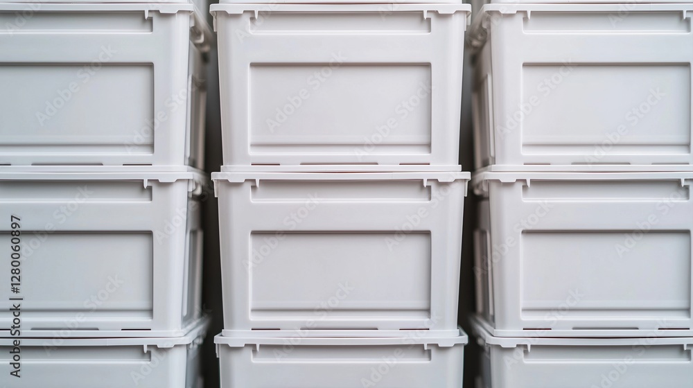 Poster inventory management concepts. stacked white storage containers in a neat arrangement.
