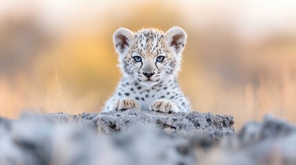 Fototapeta premium Adorable Leopard Cub, African Savanna Sunset