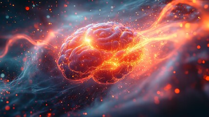 Obraz premium A futuristic cyber brain glowing with pulsating energy, neural circuits entwined with bright, swirling quantum waves, surrounded by a cosmic atmosphere of luminous particles,