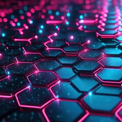 Obraz premium Neon crimson and aqua lines pulse in a hexagonal grid design, softly illuminating to create depth on a digital background.