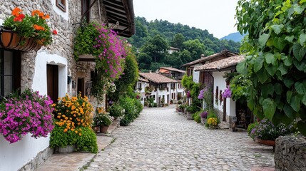 Fototapeta premium Cobblestone street lined with historic stone houses decorated with vibrant blooming flowers in a quiet European village during daytime.