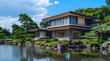 Obraz premium Serene waterside japanese house with meticulously curated garden under blue sky