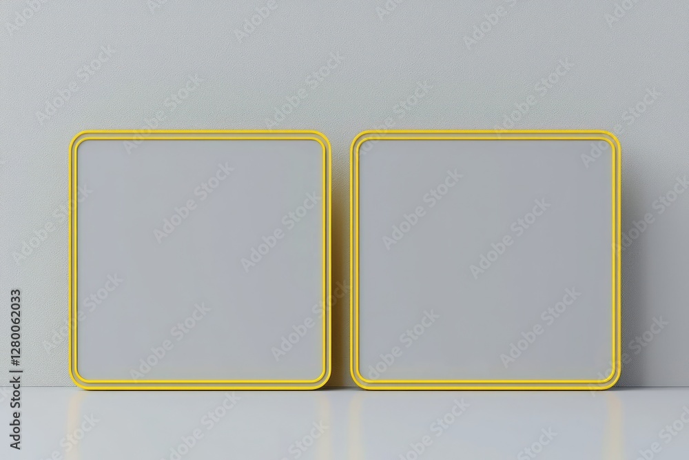 Poster muted yellow borders define the neutral gray wireframe in minimalist 3d, presented on a clean matte 