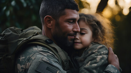 Fototapeta premium Soldier hugging sad little daughter while leaving for war. A man rescues and calms a frightened child during the fighting.