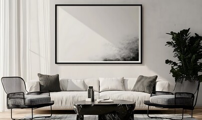 Frame mockup, ISO A paper size. Living room wall poster mockup. Interior mockup with house backgroun rd. Modern interior design.