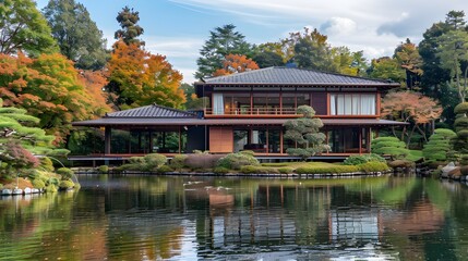 Fototapeta premium Japanese house in a beautiful garden with water and autumn colors reflecting on the water, creating a serene and picturesque landscape