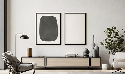 mock up poster frame in modern interior background, living room, Scandinavian style, 3D render.